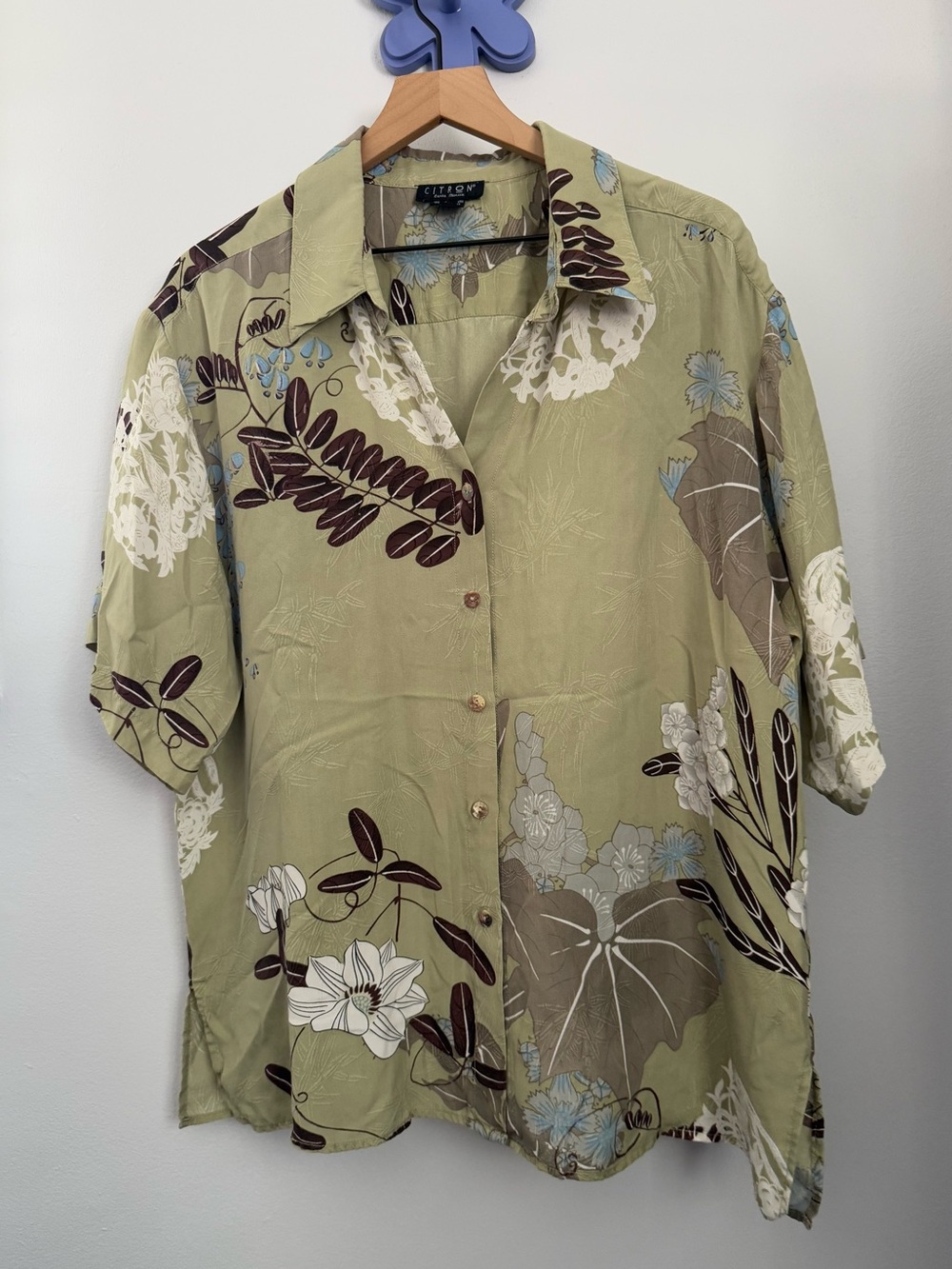 Citron 0X Silk Light Green Button Up Shirt Floral Palm Relaxed Resort Vacation